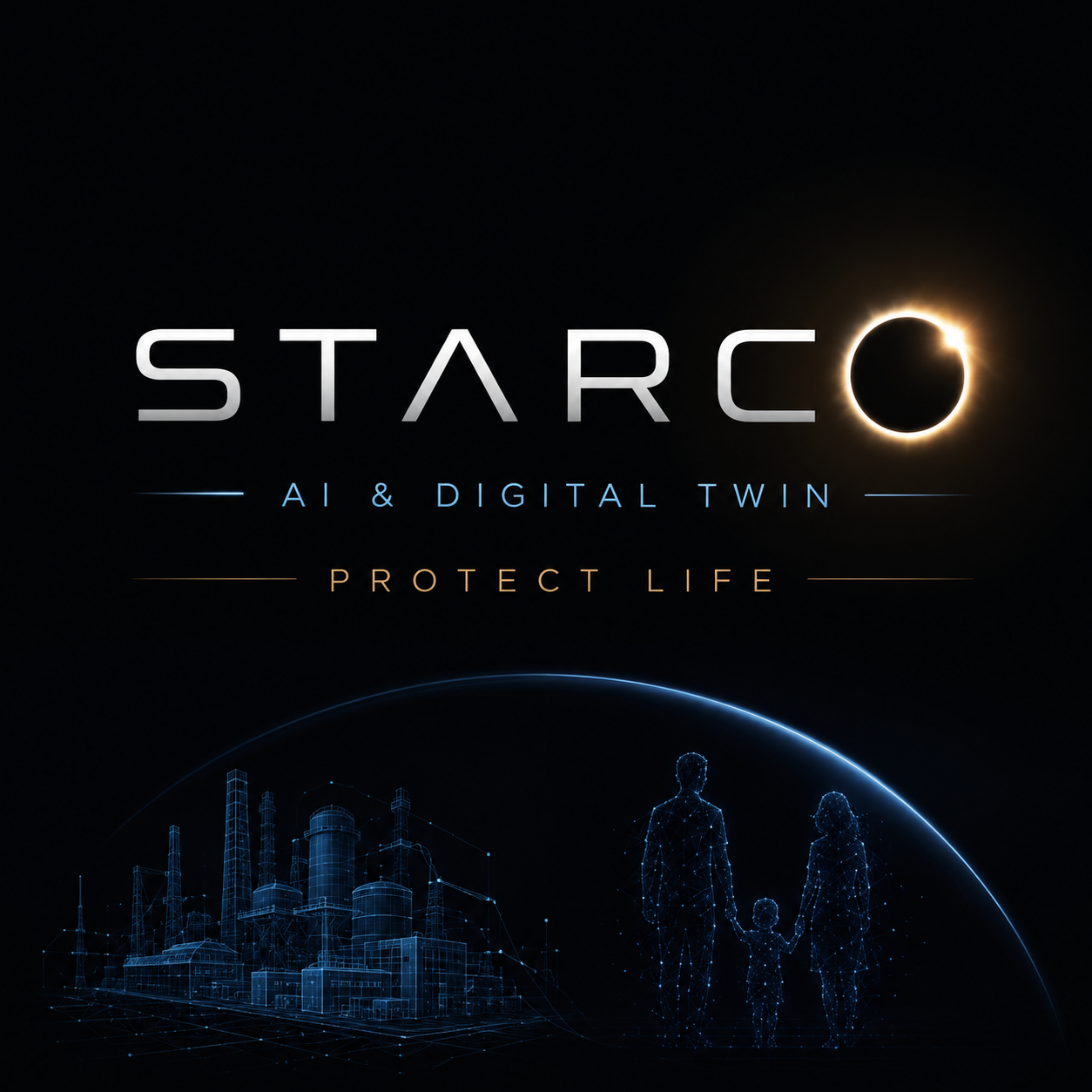 STARCO identity with an eclipse and a conceptual illustration of people and connected systems
